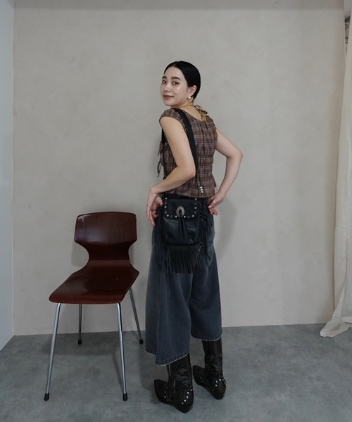 Ameri（アメリ） tシャツ CHECK SHIRRING RIBBON TOPS レディース