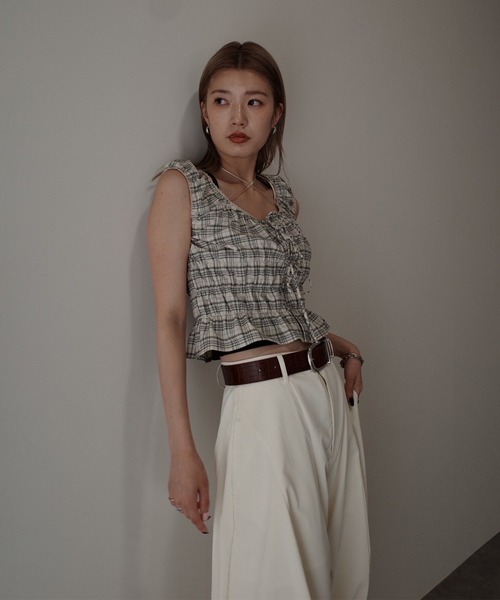 Ameri（アメリ） tシャツ CHECK SHIRRING RIBBON TOPS レディース