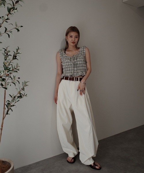 Ameri（アメリ） tシャツ CHECK SHIRRING RIBBON TOPS レディース