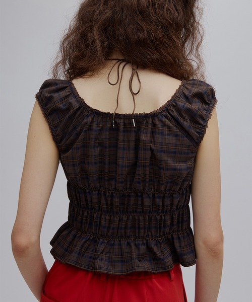 Ameri（アメリ） tシャツ CHECK SHIRRING RIBBON TOPS レディース