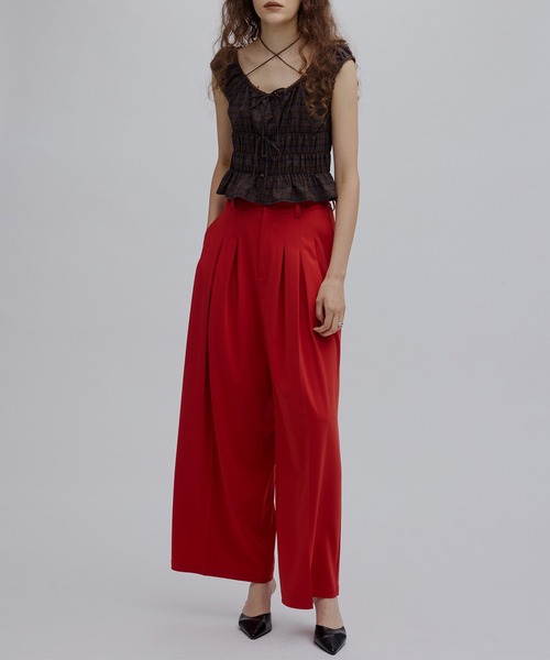 Ameri（アメリ） tシャツ CHECK SHIRRING RIBBON TOPS レディース