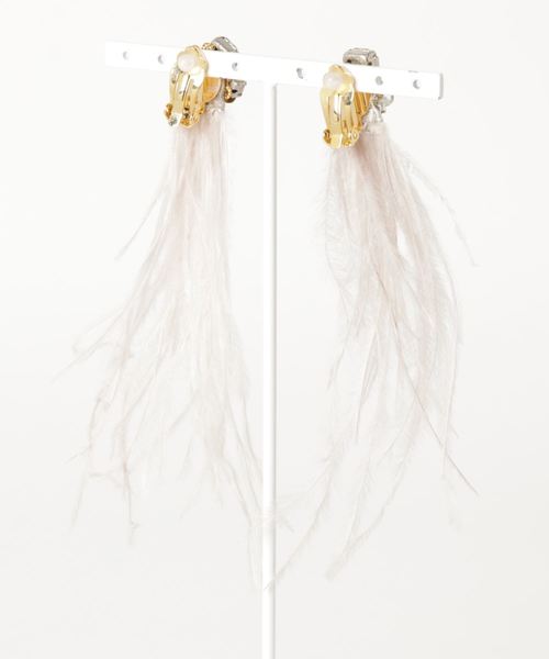 イヤリング 「flua/フルア」「Vintage accessory」ブライダル ヴィンテージ ラインストーン オーストリッチフェザー イヤリング レの画像