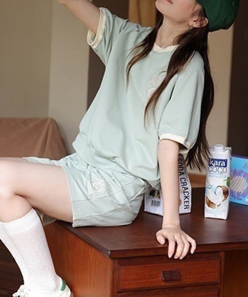   トップス×ショーツ ロゴ 上下セット aimoha セットアップ ロゴ刺繍カットソーTシャツ＋ショート