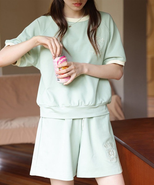   トップス×ショーツ ロゴ 上下セット aimoha セットアップ ロゴ刺繍カットソーTシャツ＋ショート