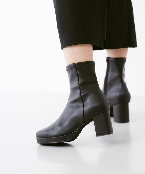 flune ブーツ スクエアトゥ プラットフォーム ヒールブーツ