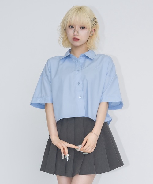 ハリカエ HARIKAE 17SS シャツ ブラウス 半袖 ストライプ 刺繍 シルク混 XS 青 ブルー /hn0425 レディース ハリカエ HARIKAE 17SS シャツ ブラウス 半袖 ストライプ 刺繍