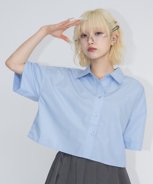 ハリカエ HARIKAE 17SS シャツ ブラウス 半袖 ストライプ 刺繍 シルク混 XS 青 ブルー /hn0425 レディース ハリカエ HARIKAE 17SS シャツ ブラウス 半袖 ストライプ 刺繍