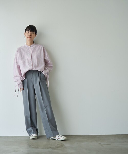 coen（コーエン） ブラウス シャツ ELSコットン袖リボンバンドカラー 