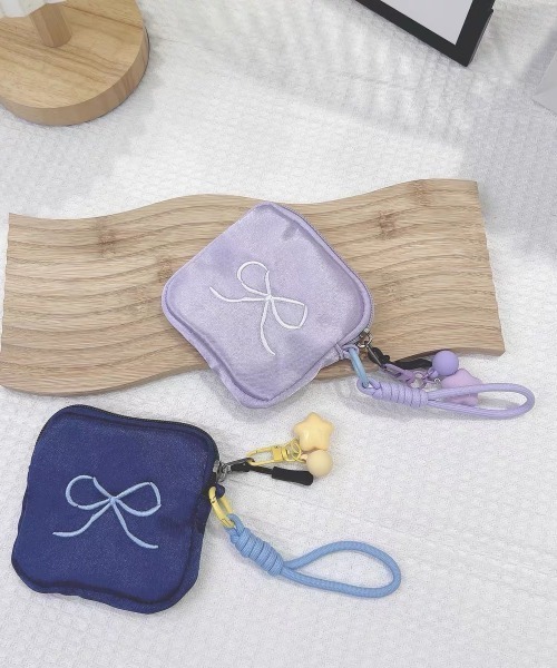 ポーチ チャーム付き刺繍リボンミニポーチ レディース