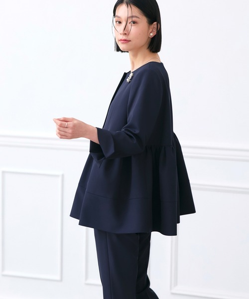 プラステ ノーカラー セットアップ パンツスーツ リネン混 フォーマル Flolia セットアップ ノーカラーAラインジャケット・テーパード