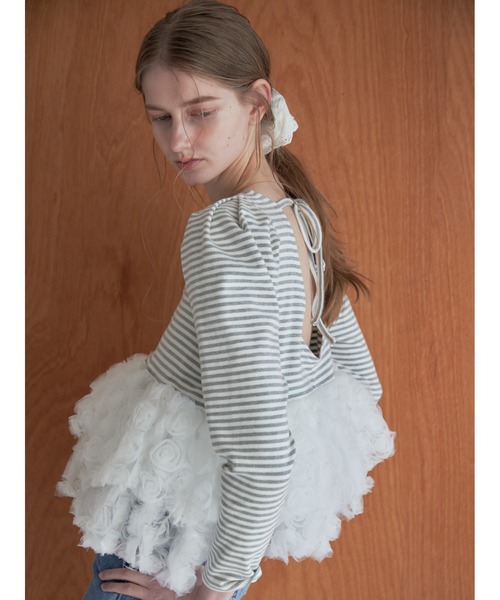tシャツ Hem volume rose tulle cut top レディース