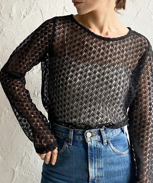 tシャツ 長袖シアー/シースルー透かし編みレースカットソートップス