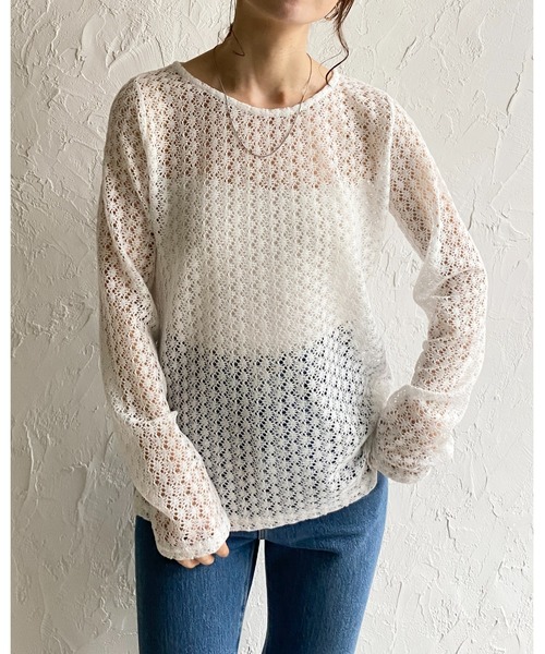 She's Closet tシャツ 長袖シアー/シースルー透かし編みレース