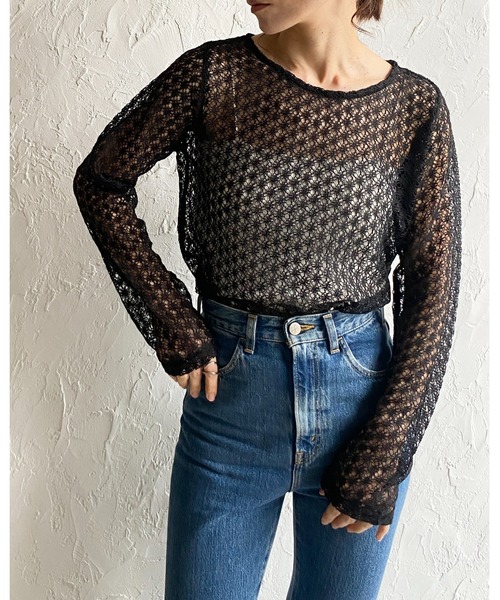 She's Closet tシャツ 長袖シアー/シースルー透かし編みレース