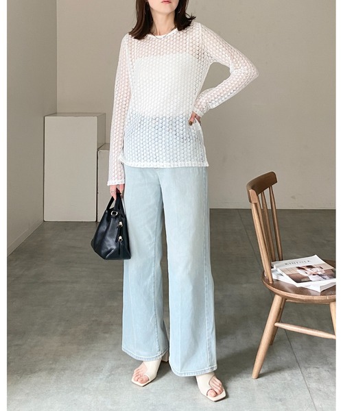 She's Closet tシャツ 長袖シアー/シースルー透かし編みレース