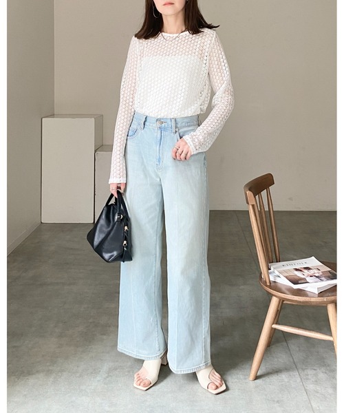 She's Closet tシャツ 長袖シアー/シースルー透かし編みレース