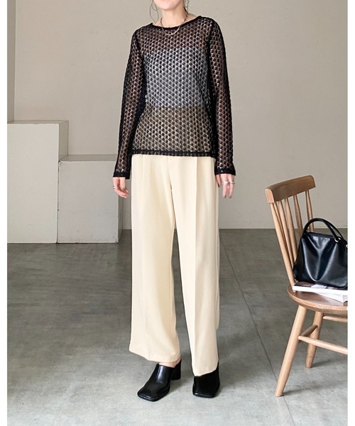 She's Closet tシャツ 長袖シアー/シースルー透かし編みレース
