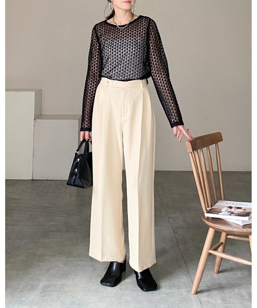 She's Closet tシャツ 長袖シアー/シースルー透かし編みレース