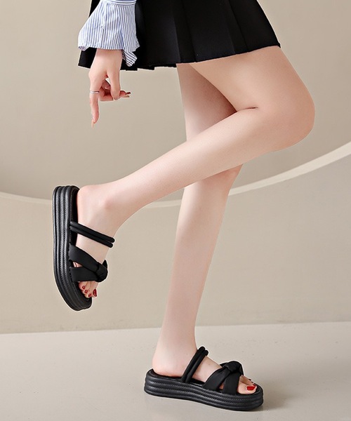 Lace Ladies サンダル レザー調 2WAY リボン風 アンクル