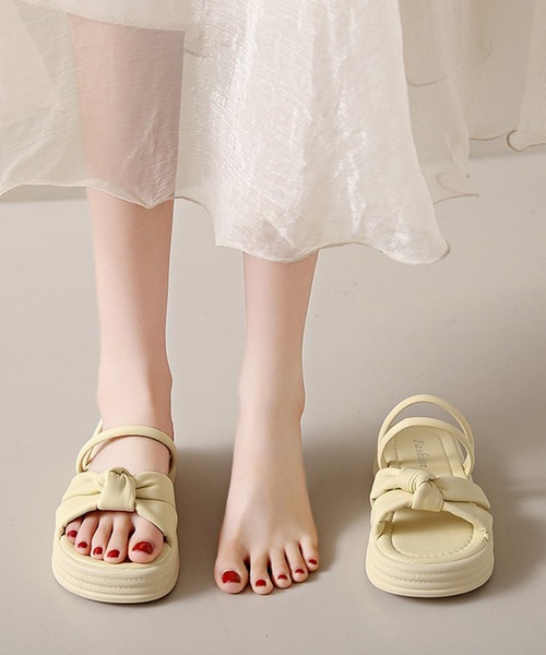 Lace Ladies サンダル レザー調 2WAY リボン風 アンクル