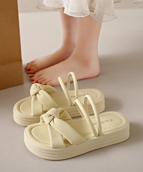 厚底 レザーサンダル アンクルストラップ Lace Ladies サンダル レザー調 2WAY リボン風 アンクル