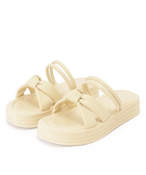 厚底 レザーサンダル アンクルストラップ Lace Ladies サンダル レザー調 2WAY リボン風 アンクル