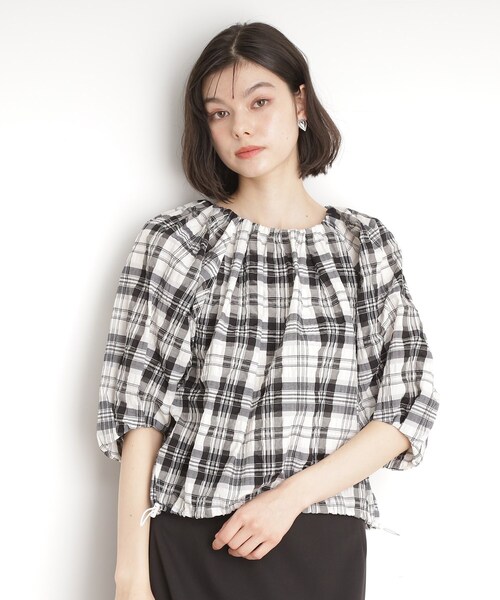 ブラウス シャツ チェックギャザーシャツ レディース THE SHOP TK ブラウス シャツ チェックギャザーブラウス「洗える