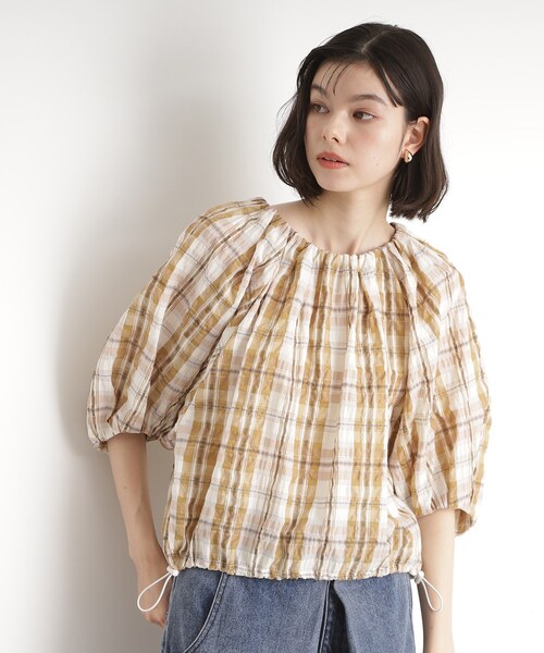 ブラウス シャツ チェックギャザーシャツ レディース THE SHOP TK ブラウス シャツ チェックギャザーブラウス「洗える