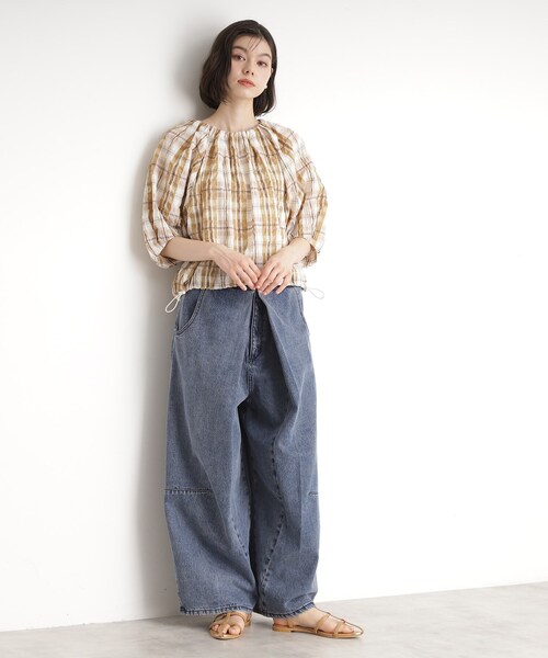 ブラウス シャツ チェックギャザーシャツ レディース THE SHOP TK ブラウス シャツ チェックギャザーブラウス「洗える