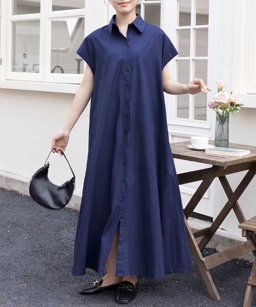 シャツワンピース フレンチスリーブロングシャツワンピース : ZOZOTOWN