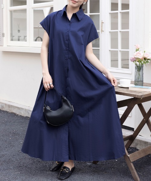 シャツワンピース フレンチスリーブロングシャツワンピース : ZOZOTOWN