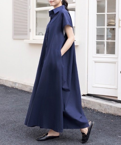 シャツワンピース フレンチスリーブロングシャツワンピース : ZOZOTOWN