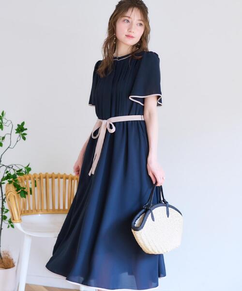 サマーたぬきのページです。クチュールブローチ　タックプリーツ配色ワンピース Couture Brooch ワンピース 「配色・きれいめ・通勤」タック