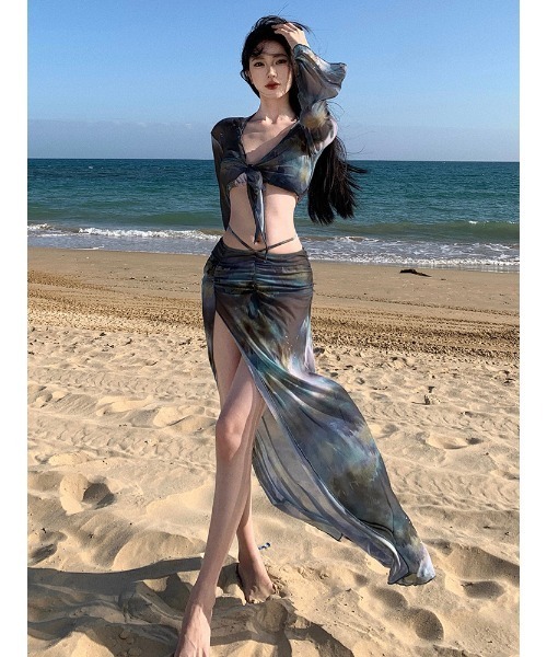 kps×viabella タイダイ柄 ビキニトップ 水着 水着 タイダイ柄シースルー長袖トップス+スカート＋ビキニ 4点セット