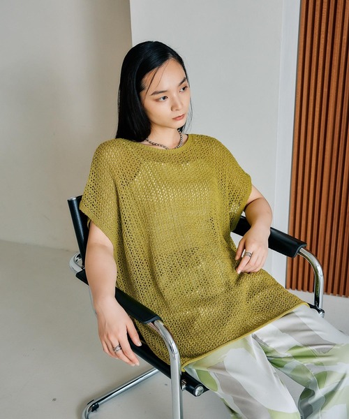 ニット セーター 「FONT LAB」スパンコールヤーンフレンチスリーブニット レディース Pierrot ニット セーター テープヤーンフレンチスリーブニット