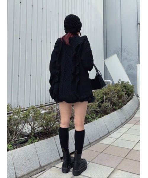 黒 ケーブル編み風 チュニック 長袖 jouetie（ジュエティ） ニット セーター ケーブル フリルケーブル