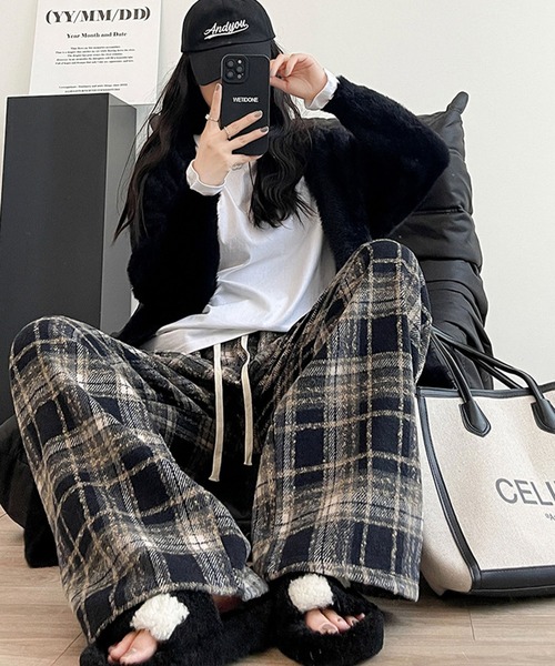 meJane（ミージェーン） ワイドパンツ パンツ ウォームチェック 裏起毛