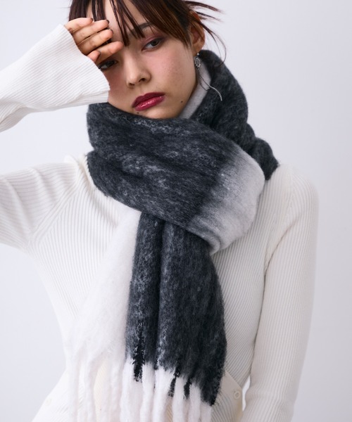MONOe マフラー ストール 配色フリンジシャギーマフラー レディース