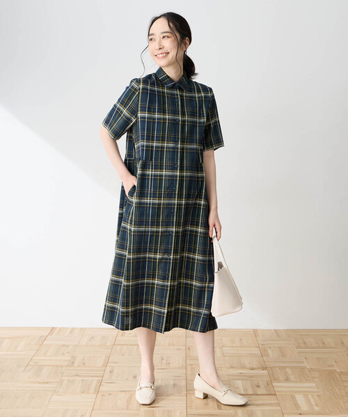 DECOY SINCE 1981 ワンピース 半袖 麻混チェックワンピース「シワに