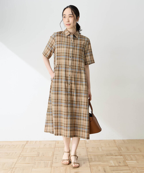 DECOY SINCE 1981 ワンピース 半袖 麻混チェックワンピース「シワに