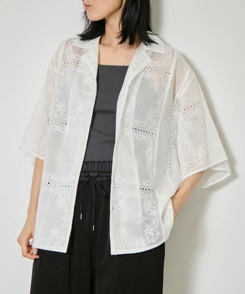 CLANE クラネ フリルブラウス 半袖 ホワイト CLANE（クラネ） ブラウス シャツ 半袖 EMBROIDERY LACE BOX SHIRTS