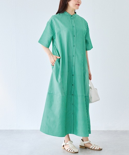 美品　Plantation　Aライン　シャツワンピース　バンドカラー　緑　日本製 LAVEANGE（ラビアンジェ） シャツワンピース ストライプ切替バンド