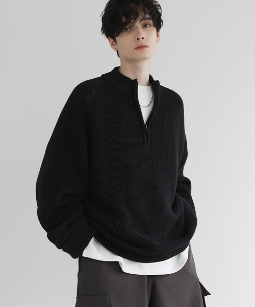 RRL ハーフジップ 黒 ニット セーター メンズS LILL（リル） セーター ニット ロールスリーブビッグシルエットハーフ