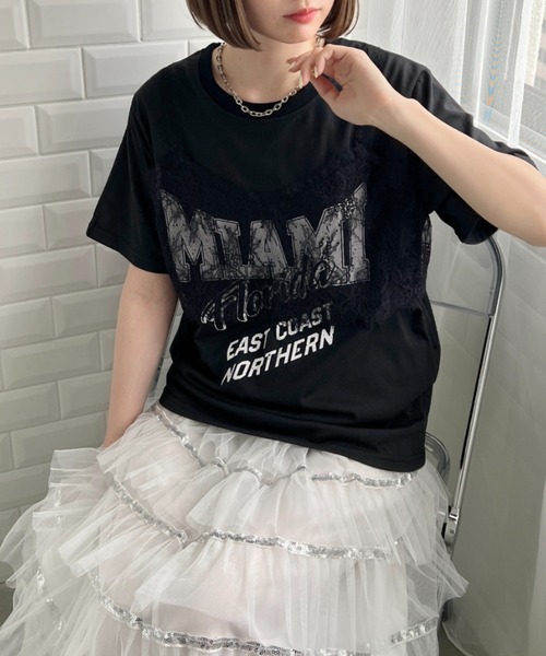 SOLLON. tシャツ レースキャミレイヤードロゴTシャツ レディース