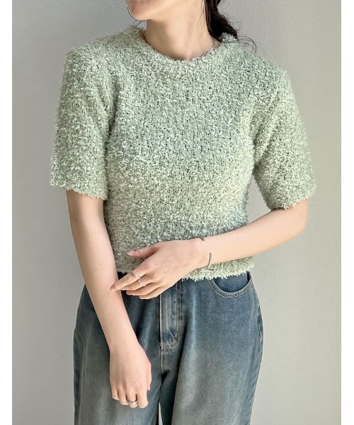 グッチ リボン シースルー レース 半袖 ニット セーター XS グリーン 緑 Re:EDIT（リエディ） ニット セーター リボンヤーンコンパクトプル