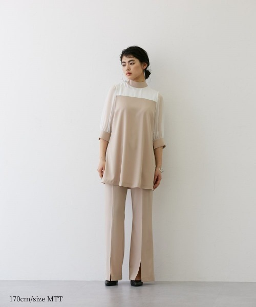 slattgir パンツドレス 高身長 バックリボン袖シアー