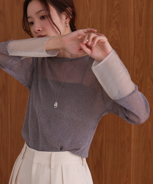 BAB tシャツ 袖シアーラメベーシックカットソートップス