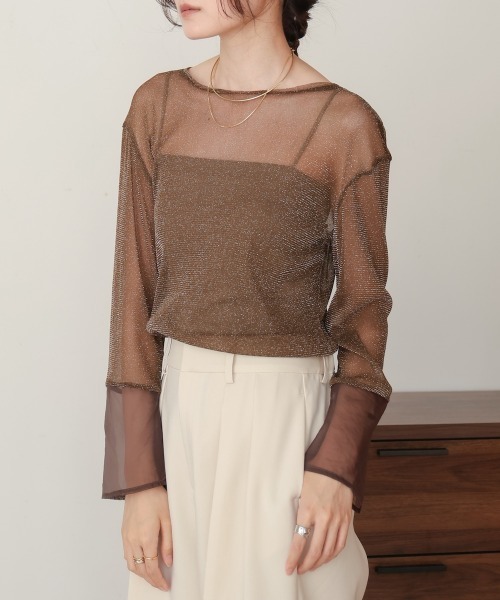 TAN SPARKLED TEE ラメシアーカットソー トップス