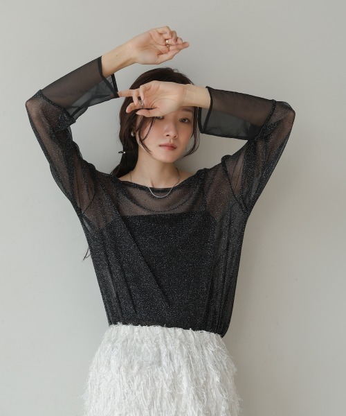 BAB tシャツ 袖シアーラメベーシックカットソートップス