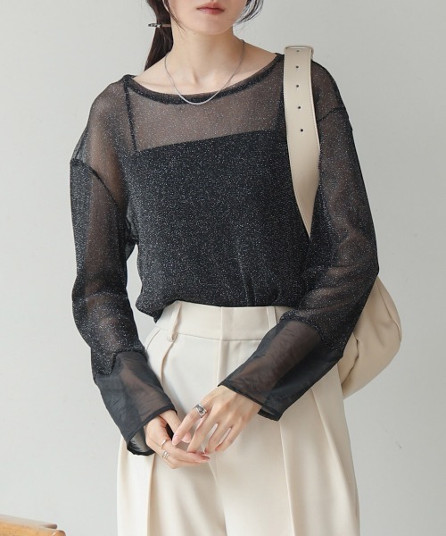 BAB tシャツ 袖シアーラメベーシックカットソートップス